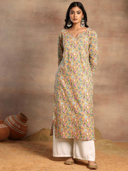Indya - Yellow V-Neck Floral Print Kurta