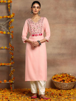 Indya - Blush Pink Embroidered Neck Rayon A-Line Kurta