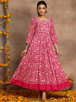 Indya - Pink Floral Print Embroidered Anarkali Kurta with Belt (Set of 2)