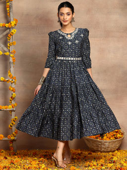 Indya - Navy Blue Embroidered Chanderi Dress with Belt (Set of 2)