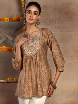 Indya - Brown Mirror Embroidered Short Muslin Tunic