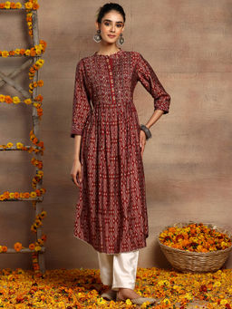 Indya - Maroon Print Chanderi Kurta