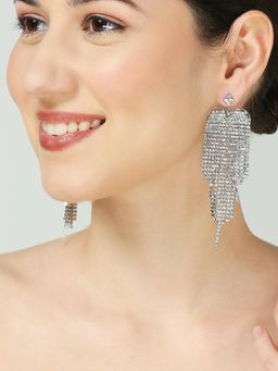 OOMPH - Silver Crystal Long Drop Earrings Statement Party Wear Heart Design