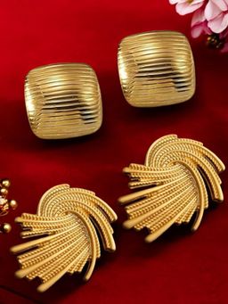 OOMPH - Gold Large Stud Earrings Twist Turn Square Shape Bold Gold Look (Pack of 2)