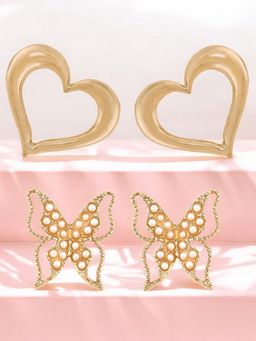 OOMPH - Gold Large Stud Earrings Heart and Butterfly Shape (Pack of 2)