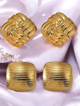 OOMPH - Gold Large Stud Earrings Knotted and Stripped Square Shape (Pack of 2)