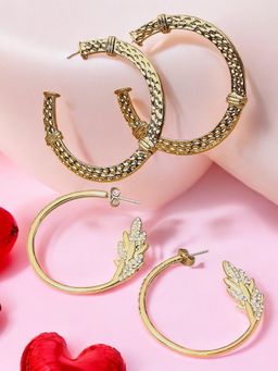OOMPH - Gold Hoop Earrings Textured and Crystal Floral Design (Pack of 2)