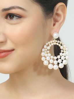 OOMPH - White Pearls Large Circular Fashion Drop Earrings Party Wear for Women