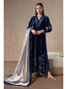Khushboo & Pankaj - Celestial Blue Velvet Kurta With Pant And Dupatta