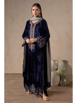 Khushboo & Pankaj - Navy Blue Ink Midnight Blue Velvet Kurta With Pant And Dupatta