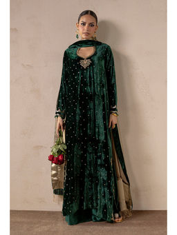 Khushboo & Pankaj - Green Jade Night Velvet Kurta With Pant And Dupatta