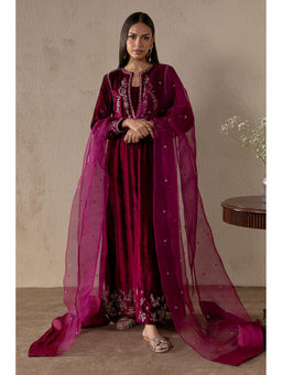 Khushboo & Pankaj - Wine Garnet Bloom Velvet Kurta With Pant And Dupatta