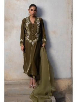 Khushboo & Pankaj - Olive Dusk Velvet Kurta With Pant And Dupatta