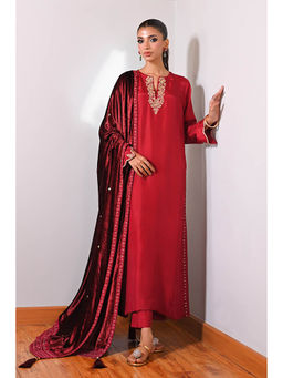 Khushboo & Pankaj - Red Crimson Muse Velvet Kurta With Pant And Dupatta