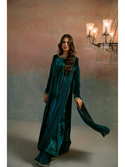 Khushboo & Pankaj - Teal Evara Flow Velvet Kurta With Sharara And Dupatta