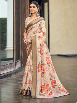 KALAASHREE - Cream Women's Floral Motif Saree With Rich Border Detailing