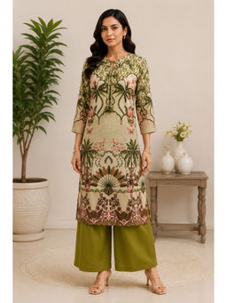 HAAVI BY PURAB - Green Brisha Cotton Printed Straight Fit Kurta With Palazzo