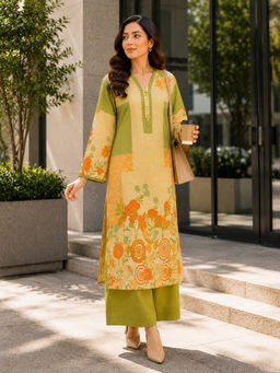 HAAVI BY PURAB - Green Tushita Cotton Printed Kurta With Palazzo