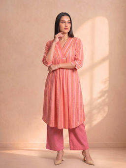 JITI - Peach Sunlit Striped Kurta with Pant