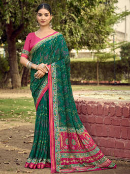 KALAASHREE - Green Women's Floral Saree With Designer Woven Border