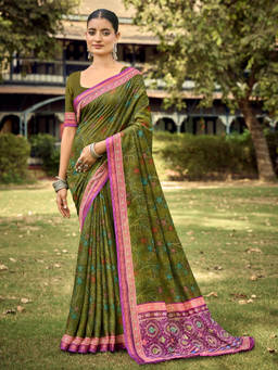 KALAASHREE - Green Women's Floral Motif Saree With Rich Border Detailing