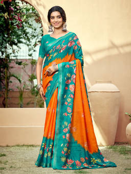 KALAASHREE - Teal Women's Floral Saree With Designer Woven Border