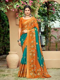 KALAASHREE - Orange Women's Floral Motif Saree With Rich Border Detailing