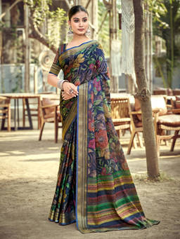 KALAASHREE - Blue Women's Floral Saree With Designer Woven Border