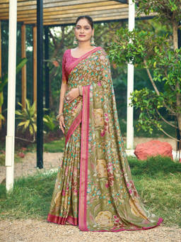 KALAASHREE - Olive Women's Floral Motif Saree With Rich Border Detailing