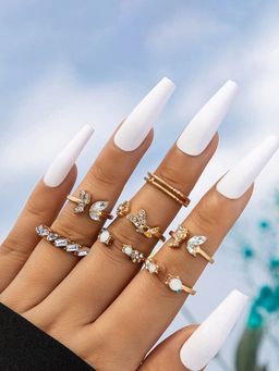 Jewels Galaxy - Gold Plated Stone Studded Contemporary Stackable Rings Set of 7