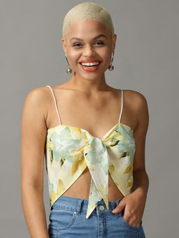 SHOWOFFFF - Womens Shoulder Straps Styled Back Printed Yellow Crop Top