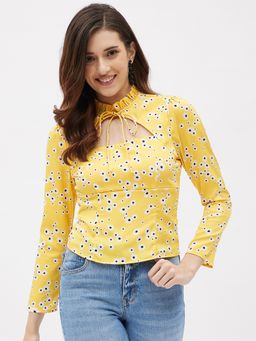 Kibo - Womens Crepe Printed High Neck Tie Knot Top