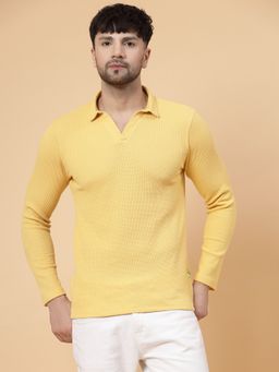 RIGO - Men Yellow Waffle Knit Solid Polo T-Shirt
