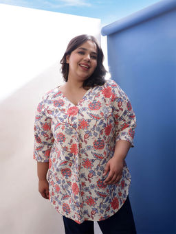 Amydus - Plus Size Floral Printed V Neck Cotton Linen Top