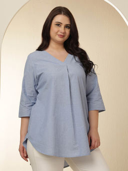 Amydus - Plus Size Light Blue V Neck Cotton Top