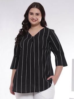 Amydus - Plus Size Black Vertical Stripe V Neck Cotton Top