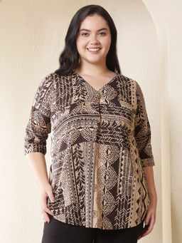 Amydus - Plus Size Brown Black Printed V-Neck Cotton Top