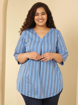 Amydus - Plus Size Sky Blue Striped Cotton V Neck Top