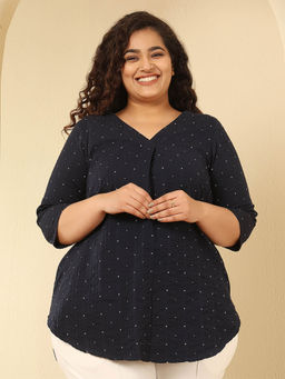 Amydus - Plus Size Navy Blue Dobby Weave Cotton V Neck Top