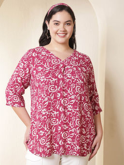 Amydus - Plus Size Pink Batik Print V-Neck Cotton Top