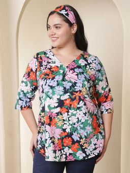Amydus - Plus Size Multicolor Floral Print V Neck Cotton Top