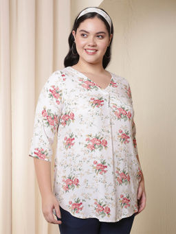 Amydus - Plus Size White Floral Print V Neck Top
