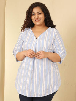 Amydus - Plus Size Powder Blue Striped Cotton V Neck Top