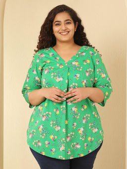 Amydus - Plus Size Green Floral Print Cotton V Neck Top