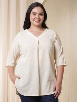 Amydus - Plus Size Ivory V Neck Cotton Top