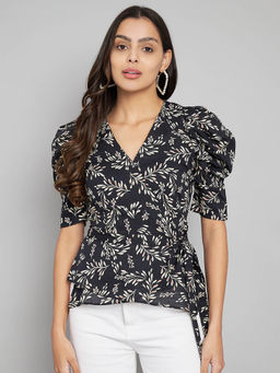 AMAGYAA - Black Leaf Print Leg O'mutton Sleeves Wrap Top
