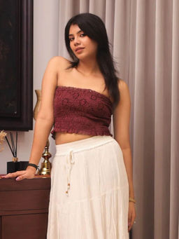 Veeralda - Brown Eyelet Smocked Tube Crop Top