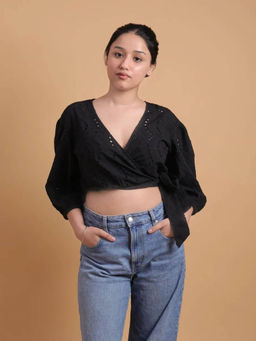 Veeralda - Wraparound Puffed Three Fourth Sleeve Cotton Eyelet Crop Top