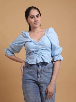 Veeralda - Powder Blue Eyelet Cotton with A Drawstring At The Front Top