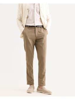 Rare Rabbit - Khaki Linen Blend Striped Formal Trouser